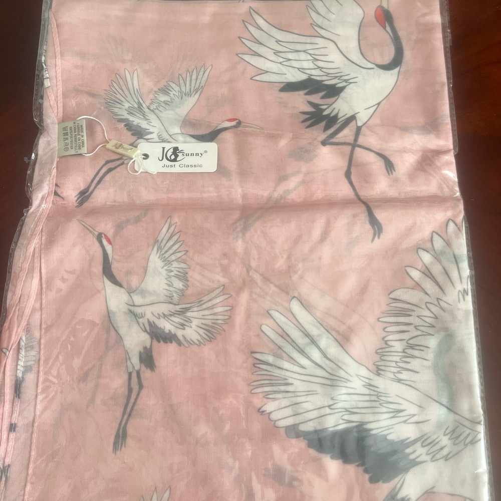 Classic Pink Scarf with Crane Motif,,H18